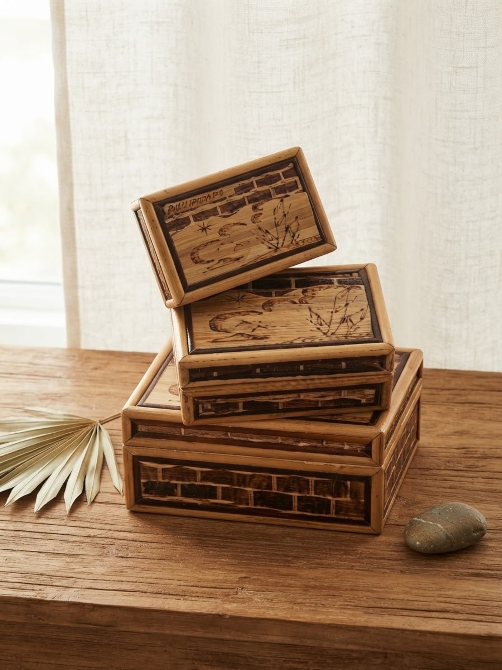 Vintage Nested Bamboo & Wood Marquetry Boxes Set | Pyrography Philippines Trinke